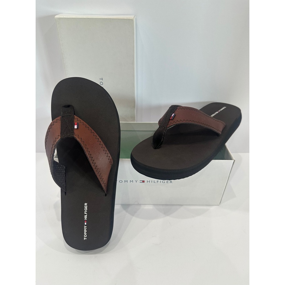 Tommy Hilfiger Mens Clemens Flip Flop Sandals Brown Leather Black TWCLEMENS 8M